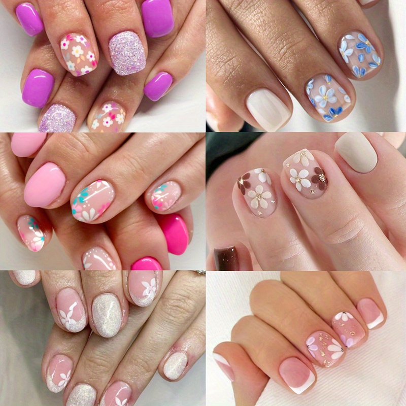TEMU 144pcs (6 Pack) Press On Nails Short Square Fake Nails Acrylic Nails Full Cover False Nails With Flower Designs Artificial Nails Press On Nails