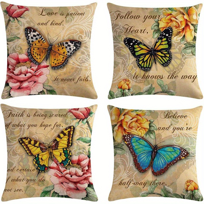 

4pcs/ Set, Inspirational Quote Pattern Covers, Vintage Style Home Decorative Cushion Covers, Retro Flowers Pillowcases - Pillow Insert Not Included