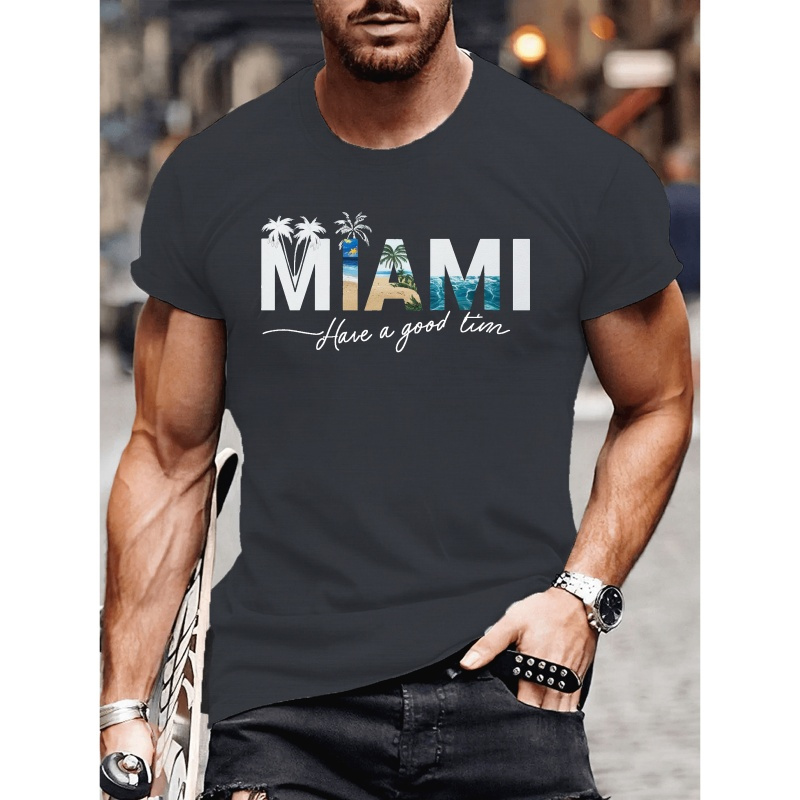 

Men's Casual Miami Graphic T-shirt - Olive Green Short Sleeve, Polyester, Machine Washable, Summer Tee,