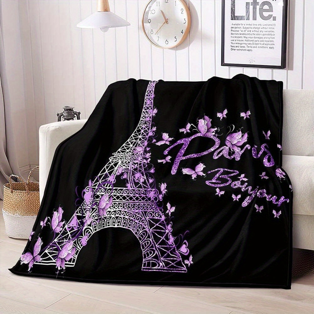 

Eiffel Tower Throw Blanket, Purple Butterfly French Paris Blanket For Girls Women, Black Blanket, Cozy Soft Lightweight Warm Plush Flannel Fleece Blanket For Couch, Sofa, 30"x40"(baby Size)