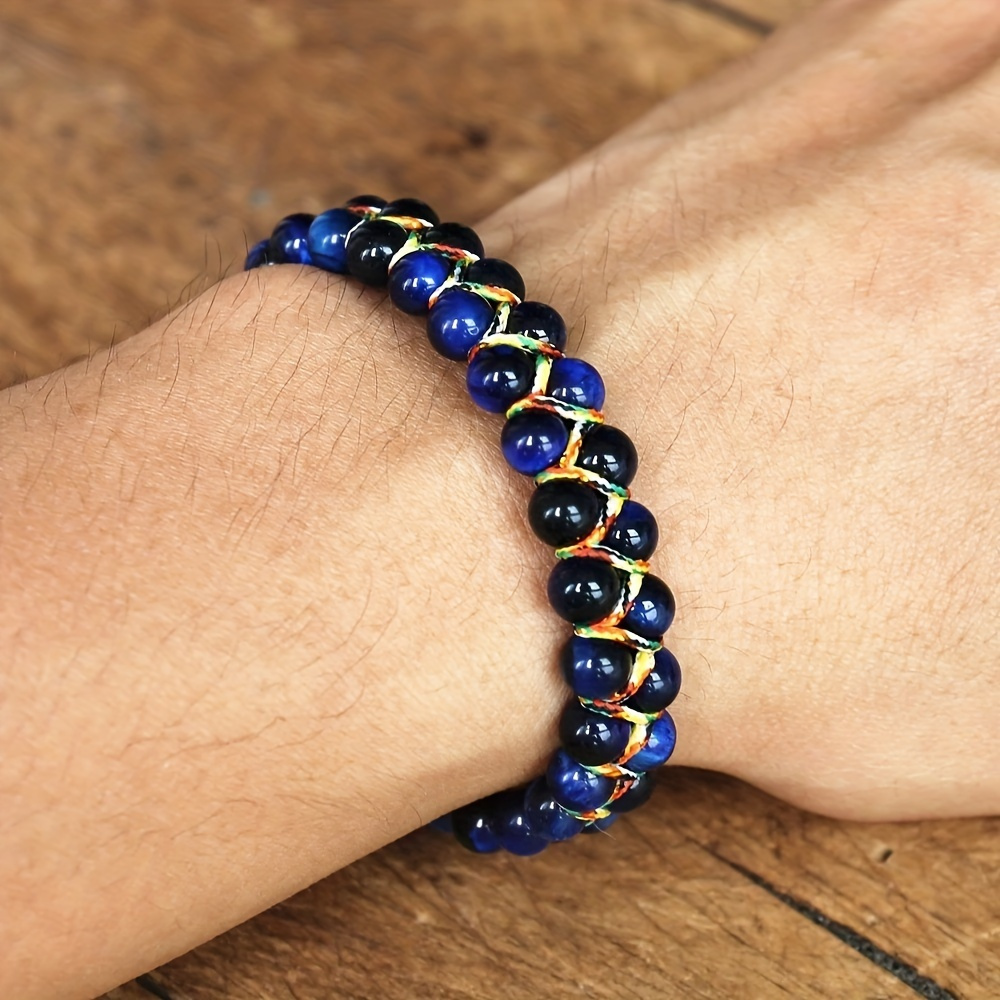 TEMU 1pc Blue 6mm Natural Tiger Eye Bracelet, Woven Men's Bracelet