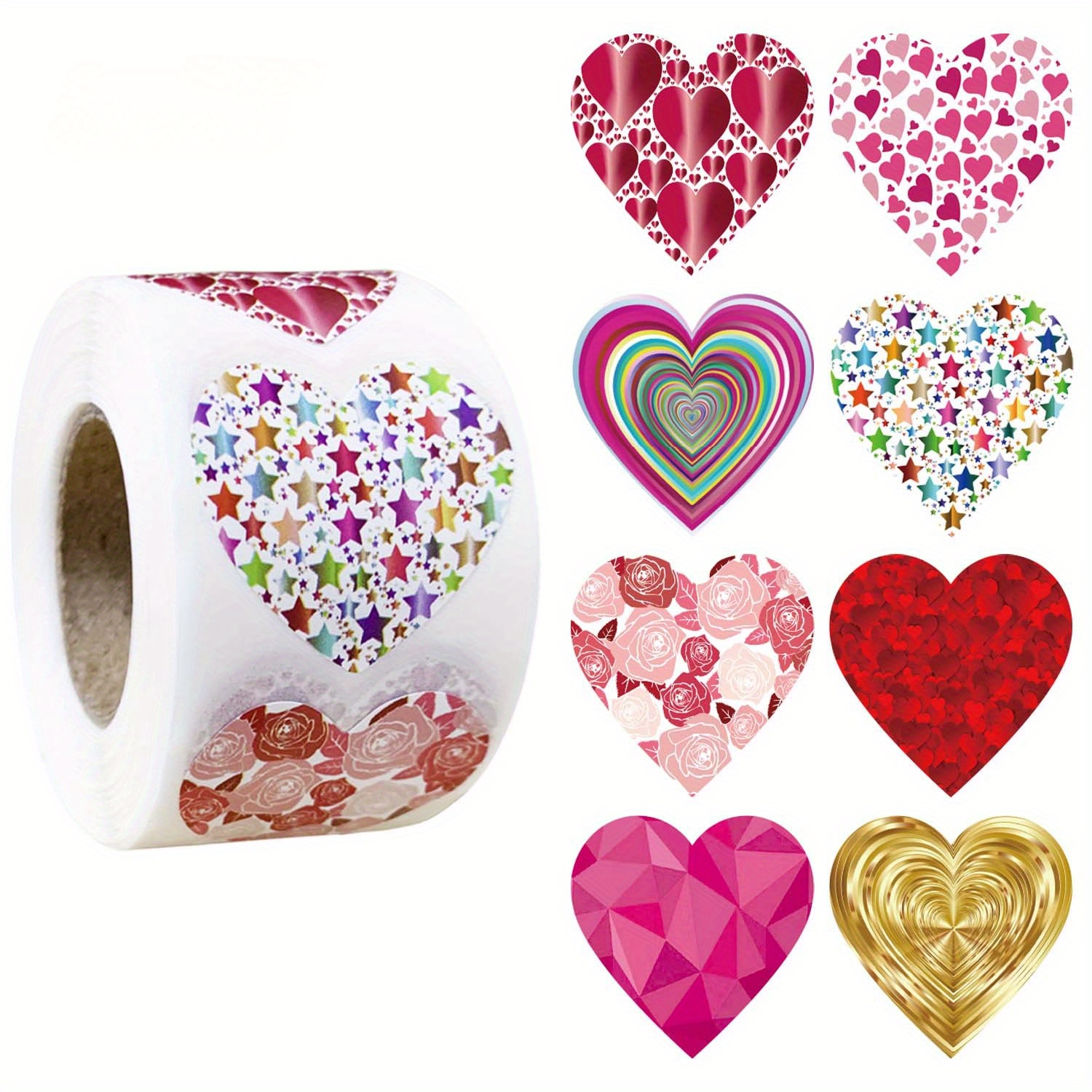 

500-count Roll Of Heart-shaped Stickers - Assorted Designs Synthetic Paper Thank You Labels, Single-use Adhesive Stickers For Gift Decoration, Suitable For 14+