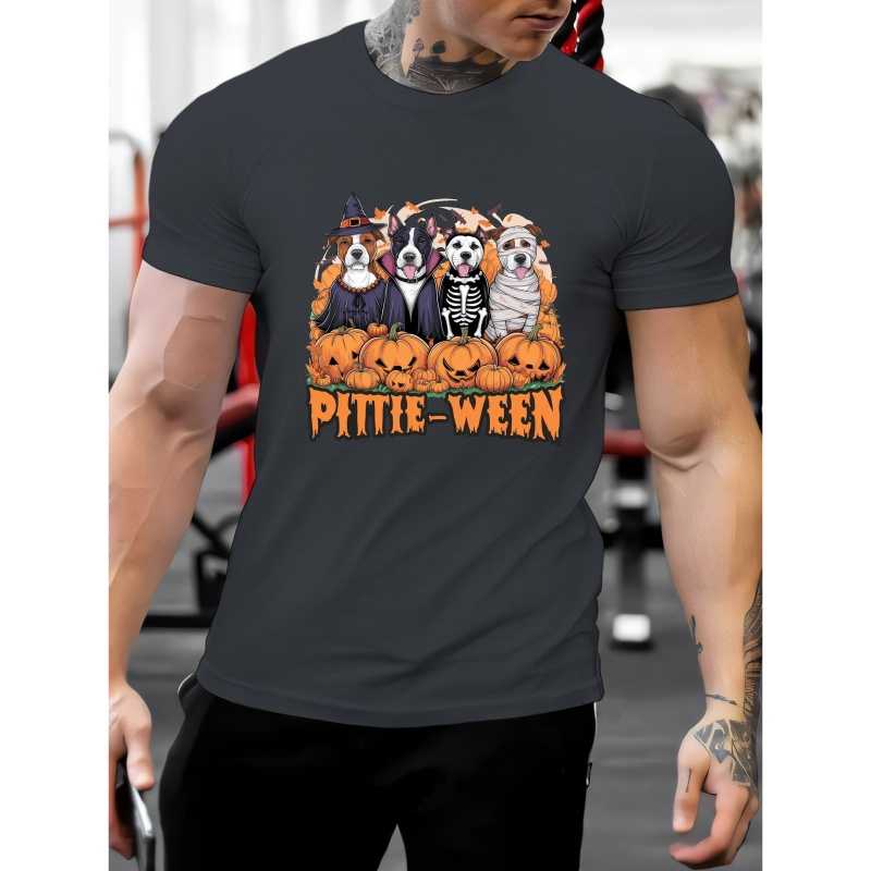 

Pitbull Pumpkin Themed T-shirt For Men - Casual Short Sleeve Polyester Knit Fabric With Geometric Pattern, Regular Fit, Round Neck - Adult Apparel For Summer