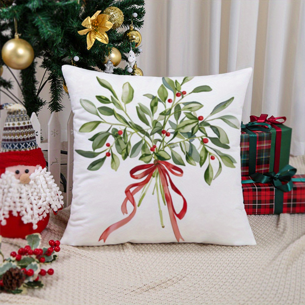 

1pc Home Christmas Green Berries Leaf Decorative Throw Cushion Cover, Contemporary Style Knit Polyester Fabric, Zippered, Machine Washable For Various Room Types - 19.7