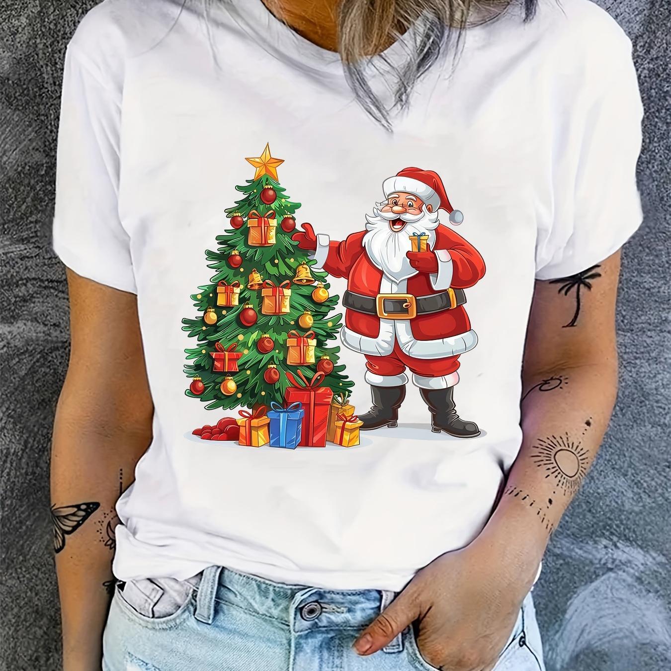 

Women's Casual Christmas Santa Print T-shirt - Polyester And Spandex Blend, Medium Stretch Knit Fabric, Round Neck, All-season Comfortable Short Sleeve Top