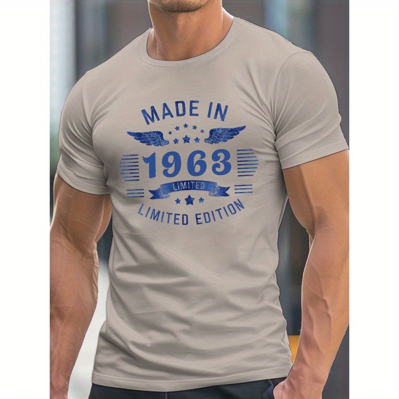 

1963 Made In Usa Limited Edition Graphic T-shirt For Men - Casual Polyester Knit Fabric, Geometric Pattern, Round Neck, Short Sleeve, Comfortable Summer Top