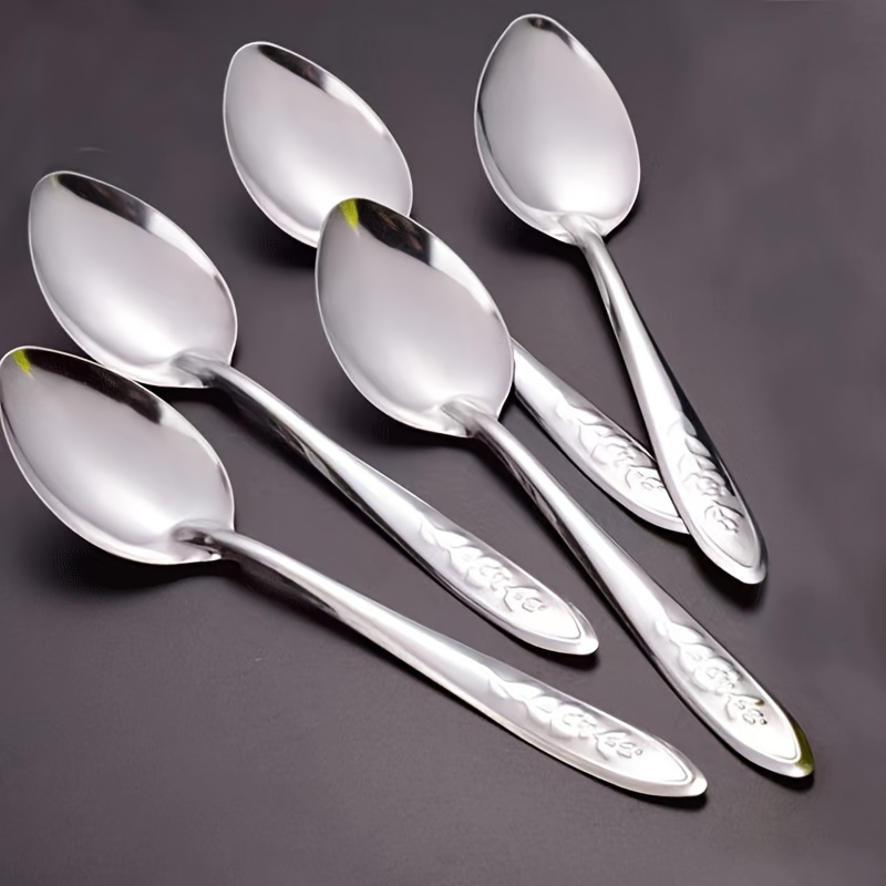 6pcs elegant stainless steel dessert spoon set with rose engravings     more shiny reflective finish ideal for   use details 1