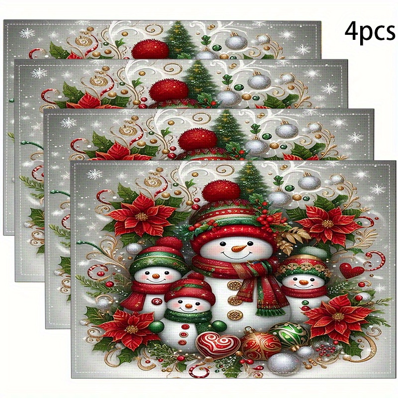 

4- Set Christmas Table Placemats - - For Dining, Snowman And Ornaments , - For Seasonal