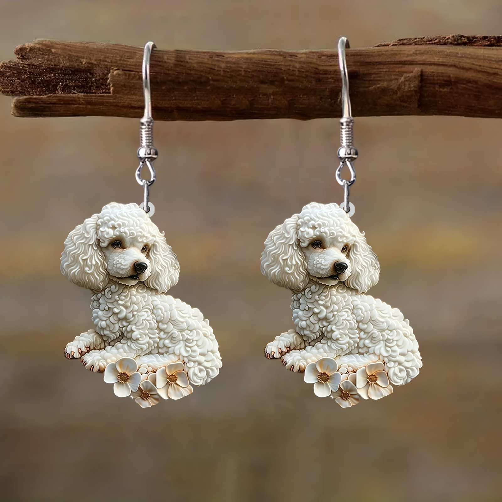 

Elegant Poodle Dog Earrings With Flower Accents, Acrylic 2d Animal Drop Dangle Earrings, Romantic Style Fashion Jewelry For Dog Lovers, Ideal Gift For Christmas And Parties - Pair