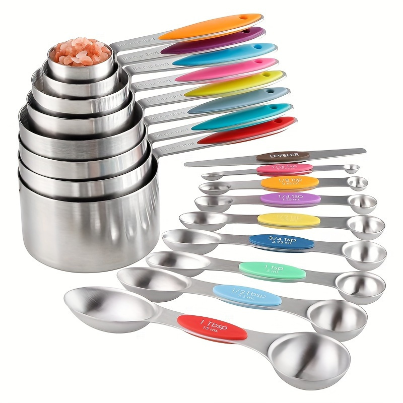 

8-piece Stainless Steel Measuring Cups And Spoons Set - Metal Kitchen Utensils For Dry And Liquid Ingredients - Essential Cooking And Baking Tools For 14+