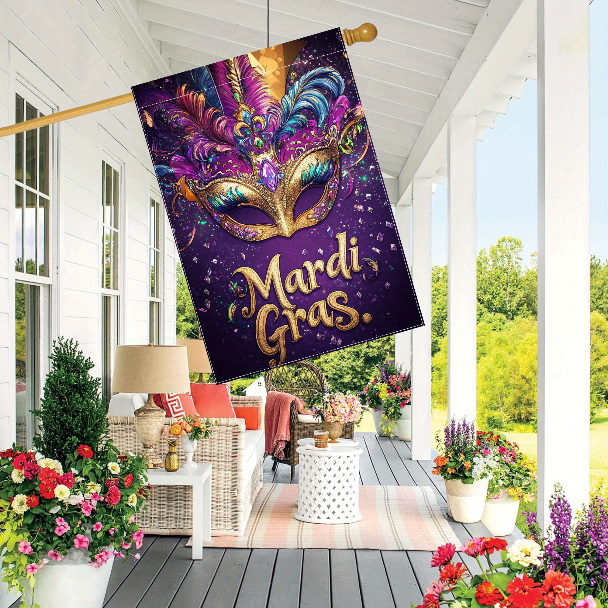 

1pc Mardi Gras Double-sided Polyester Garden Flag, 28x40 Inch Yard Decor, Outdoor Lawn Decoration, No Power Needed, Carnival Makeup Ball Party Accessory