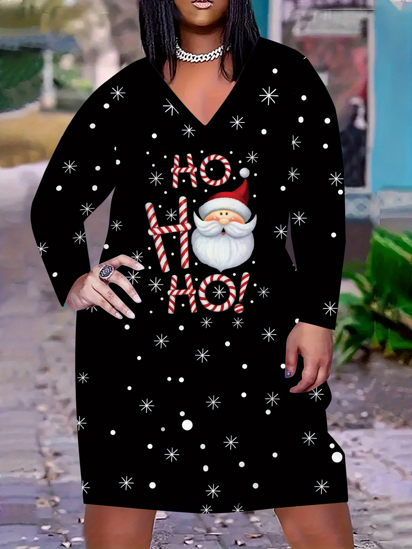 plus size womens fashion casual 3d christmas letter print v neck long sleeve dress
