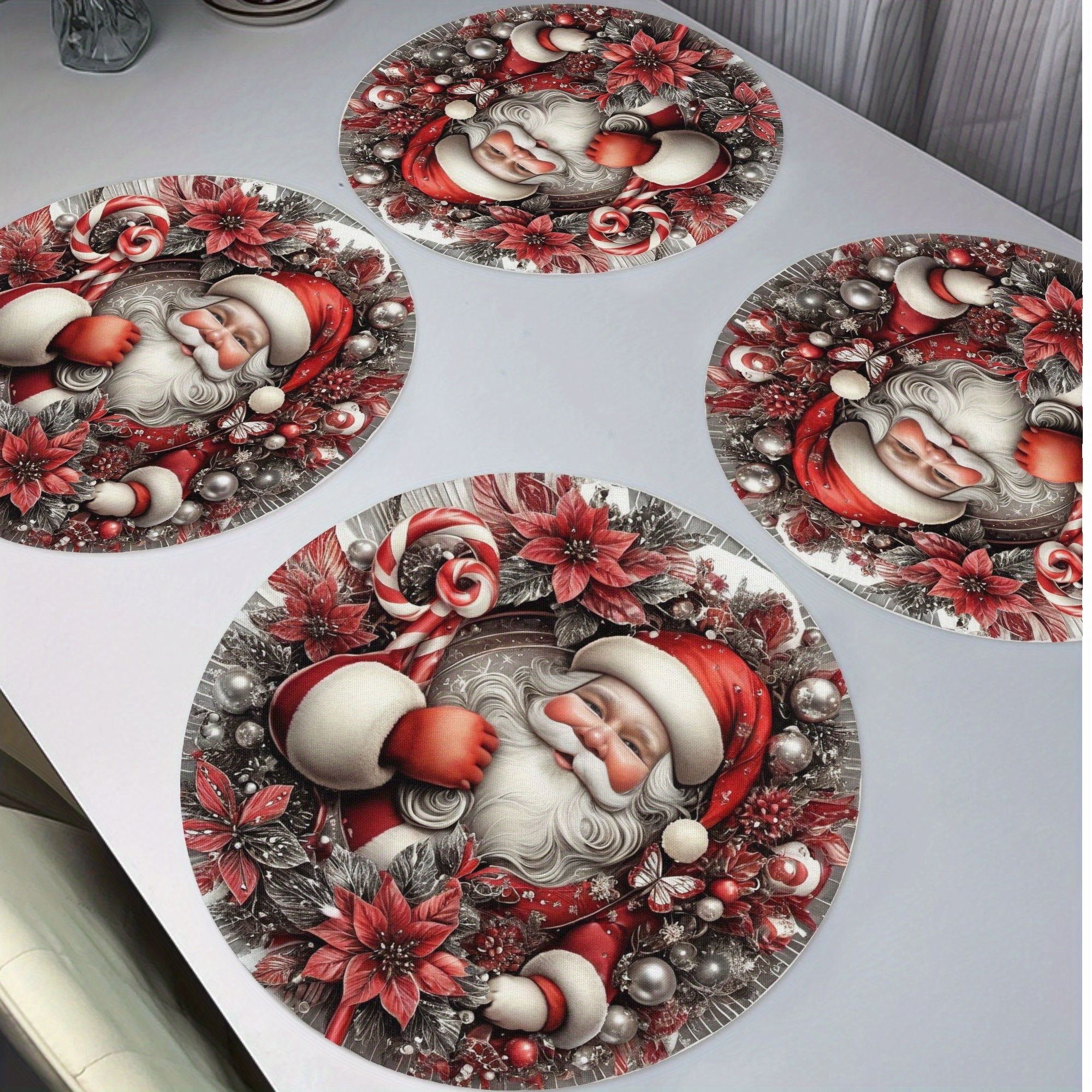 

4pcs Christmas Placemat Set - Santa & Poinsettia Design, Waterproof Polyester, , Holiday Dining & Parties, 15" Diameter