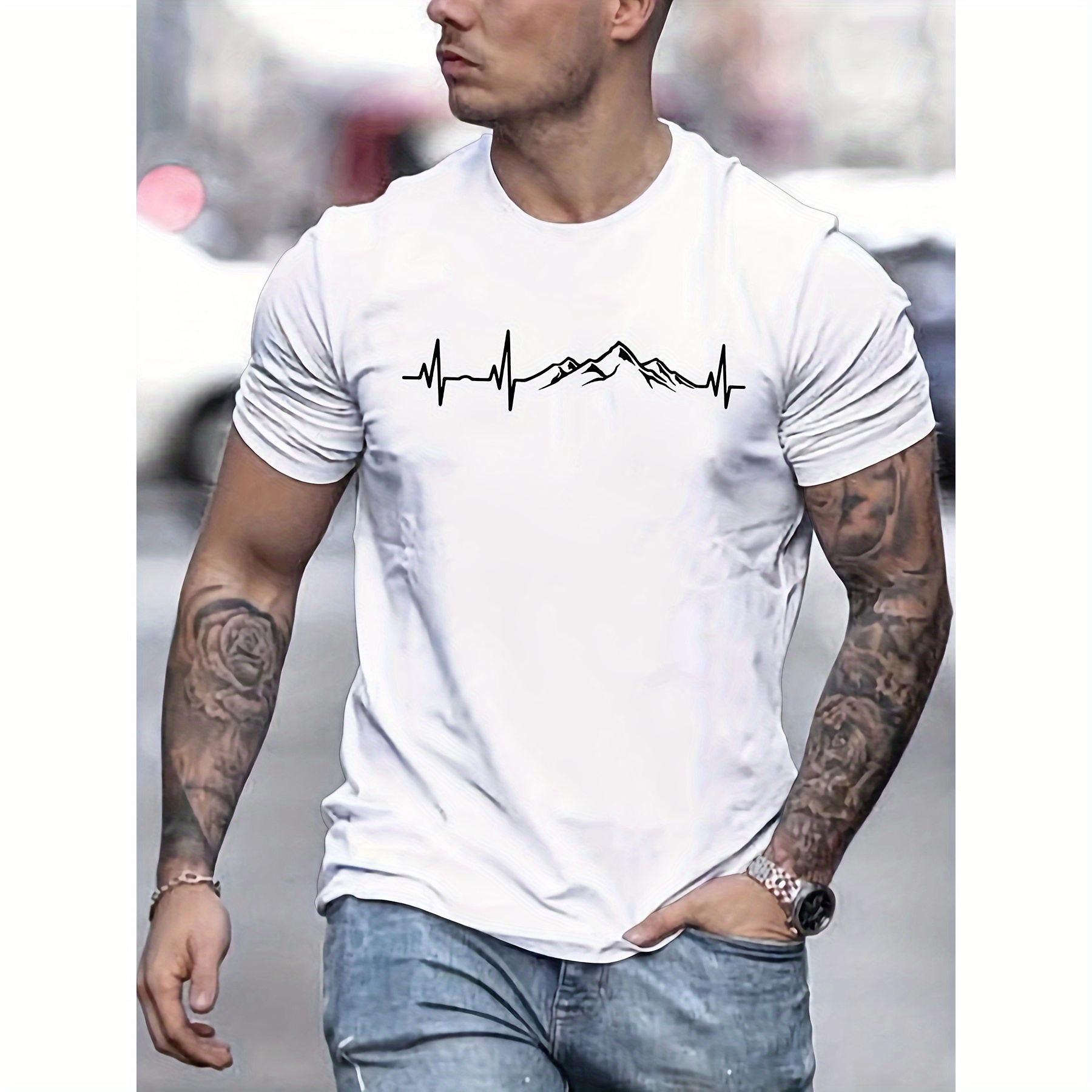 

Men's Casual Crew Neck T-shirt With Heartbeat Mountain Graphic, 100% Polyester Geometric-pattern Knit Fabric With Slight Stretch, Summer Tee For Men