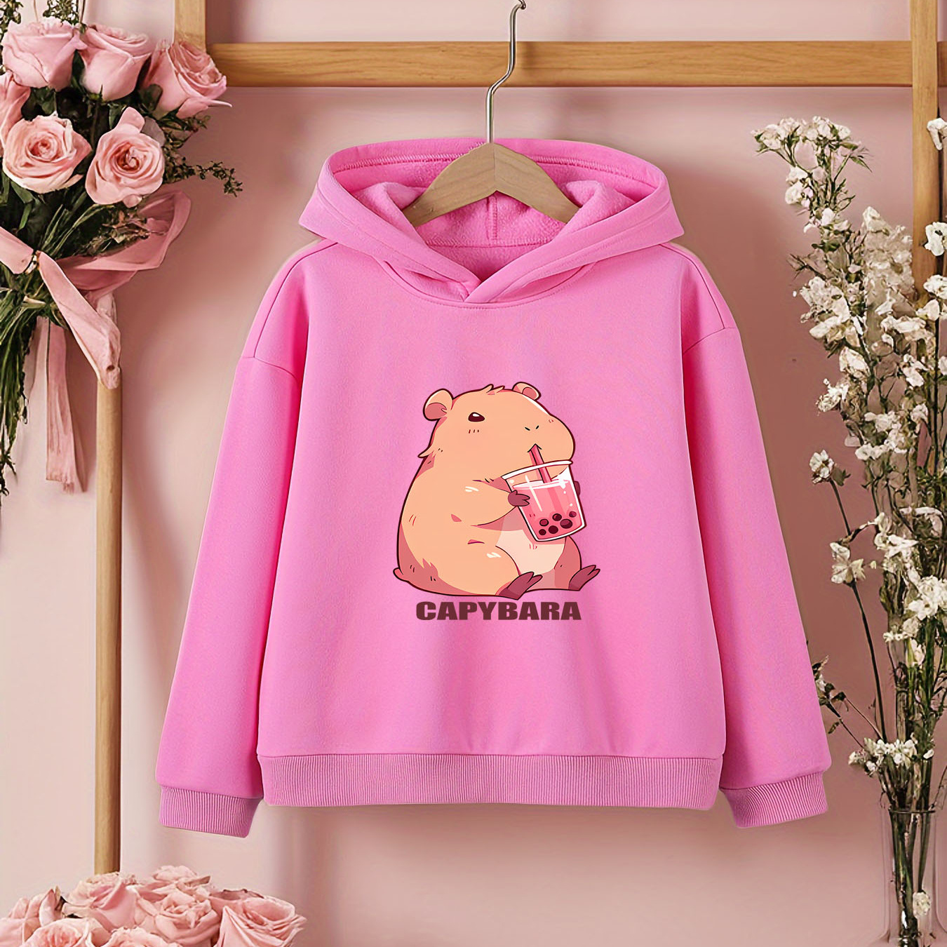 

Cozy Capybara & Print Hoodie For Girls - Casual Long Sleeve Pullover, Polyester , Machine Washable - Fall/winter