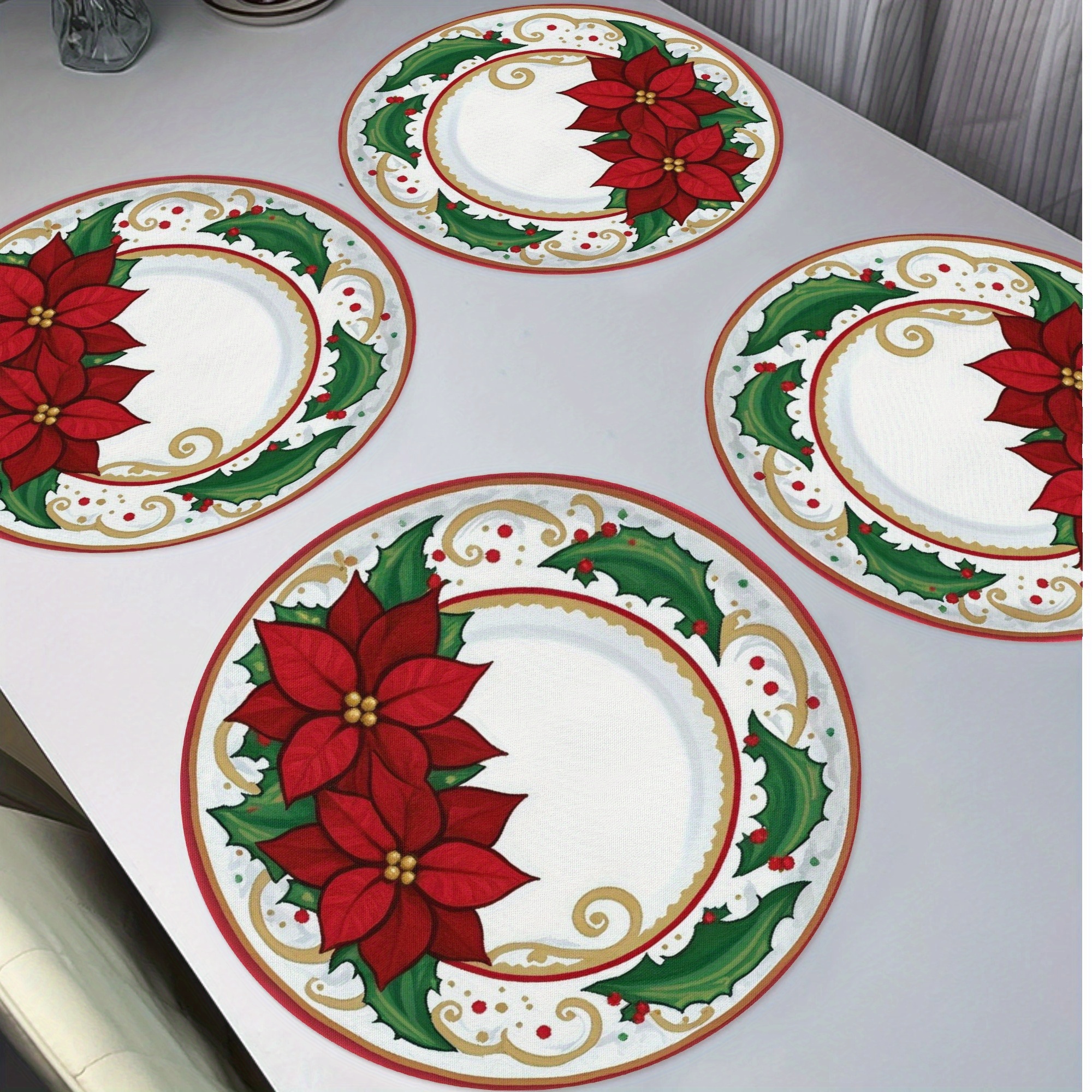 

4pcs Red Christmas Round Placemats Set Of 4, Christmas For Dining Decor 15