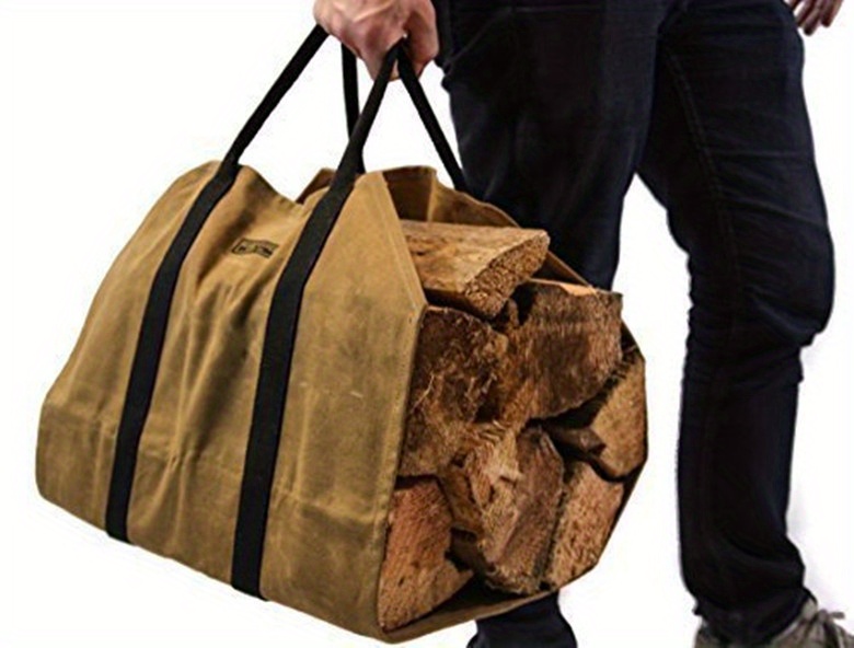 1pc   canvas firewood carrier bag with handles heavy duty log tote for fire pit camping bbq outdoor activities glass fiber reinforced wood carrying sack details 2