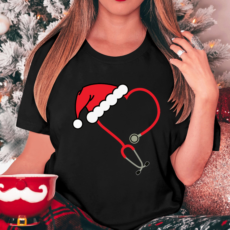 

Christmas Nurse Stethoscope Heart Santa Hat Print Women's Casual Round Neck T-shirt - Polyester Knit Fabric, Medium Stretch, Patterned, Fall/winter Season