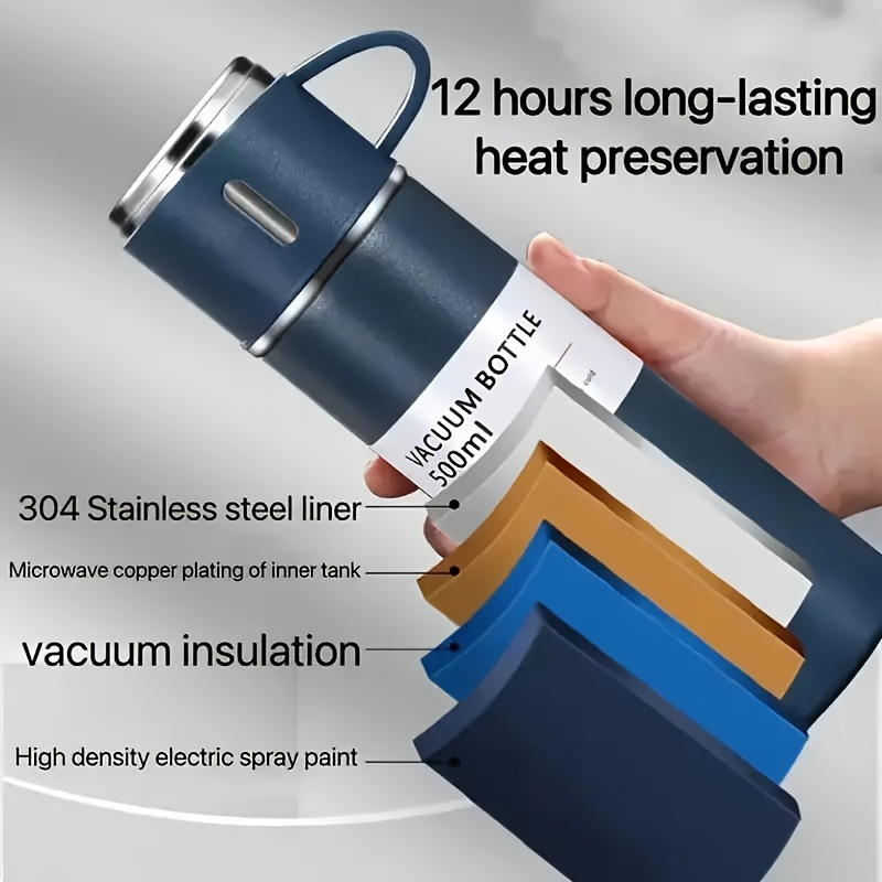 stainless steel vacuum insulated water bottle set with 3 cup lids 500ml travel thermal mug   drinks hot or cold for hours ideal for   food contact safe gift ready details 0