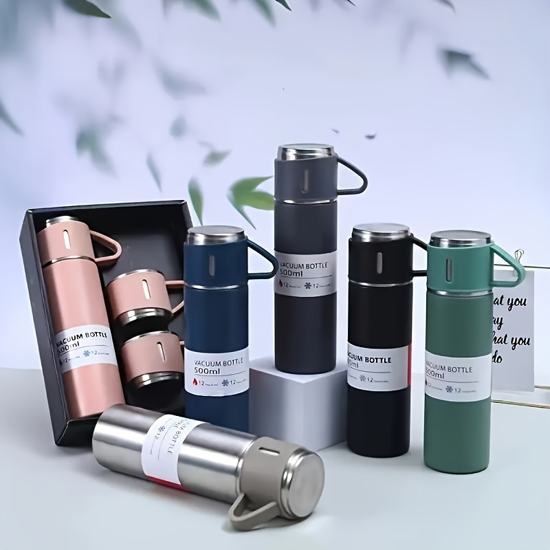 stainless steel vacuum insulated water bottle set with 3 cup lids 500ml travel thermal mug   drinks hot or cold for hours ideal for   food contact safe gift ready details 1