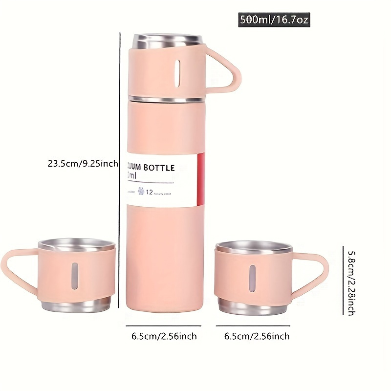 stainless steel vacuum insulated water bottle set with 3 cup lids 500ml travel thermal mug   drinks hot or cold for hours ideal for   food contact safe gift ready details 3