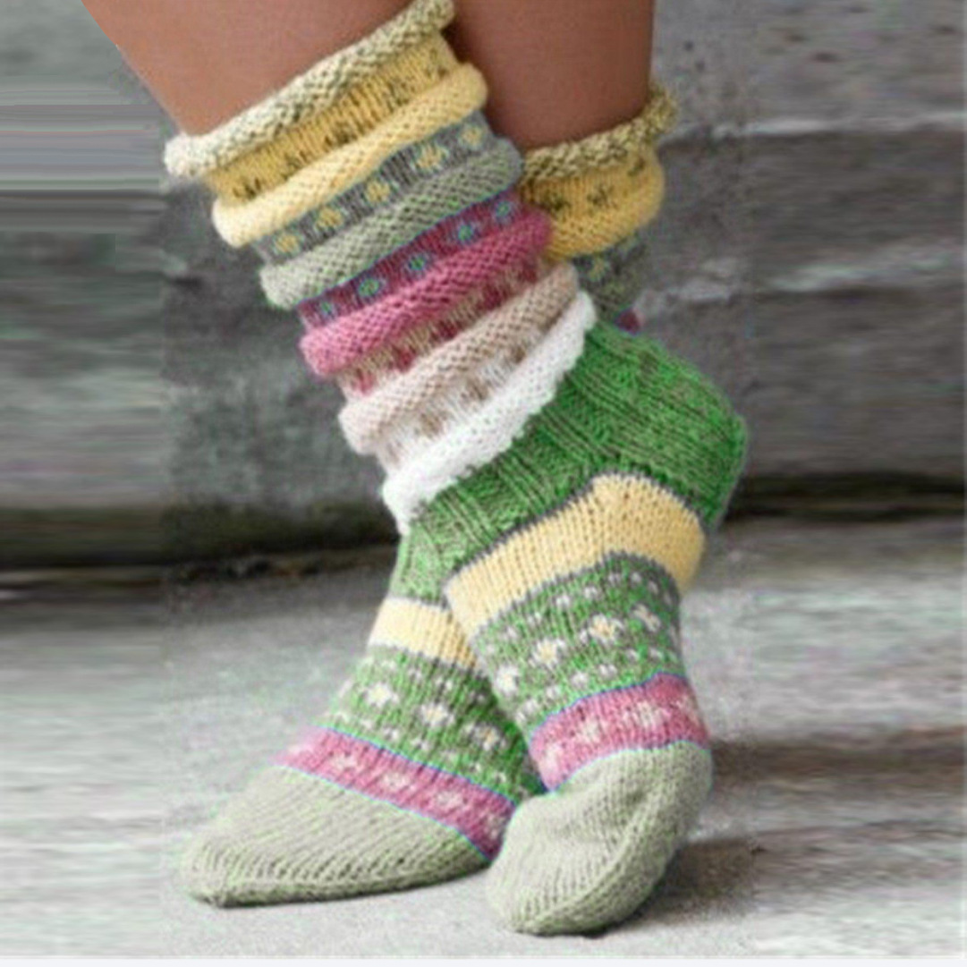 

Cozy Striped Mid-calf Socks For Couples - Warm, Colorful Knit Floor Socks With Ribbed Detail, Polyester Blend