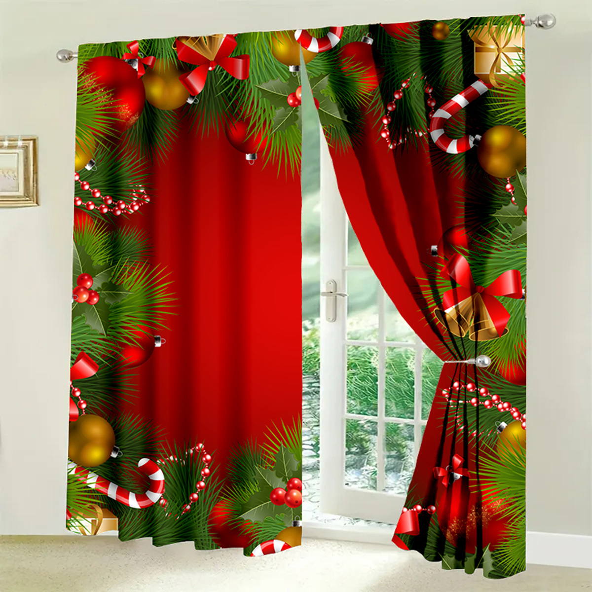 

2pcs Set Christmas Door Curtains - Decor, Lightweight & Breathable Polyester, Machine Washable With Tieback Design For Bedroom, Living Room, And Study, Background Pattern