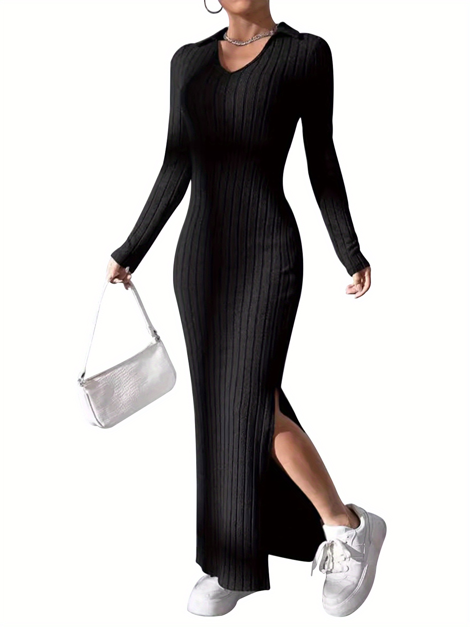 chic women's knit midi dress - long sleeve, lapel collar, solid color  bodycon with side slit - spring & fall - women's clothing - Temu