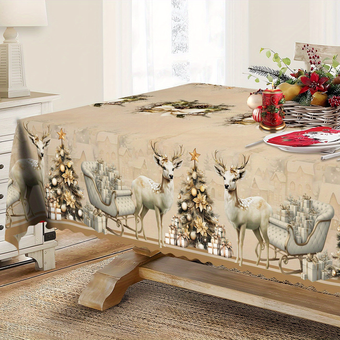 

Vintage Christmas Tablecloth With Santa, Deer & - Waterproof, Wrinkle-free Polyester Cover For Holiday & Farmhouse Decor, Indoor/outdoor Parties