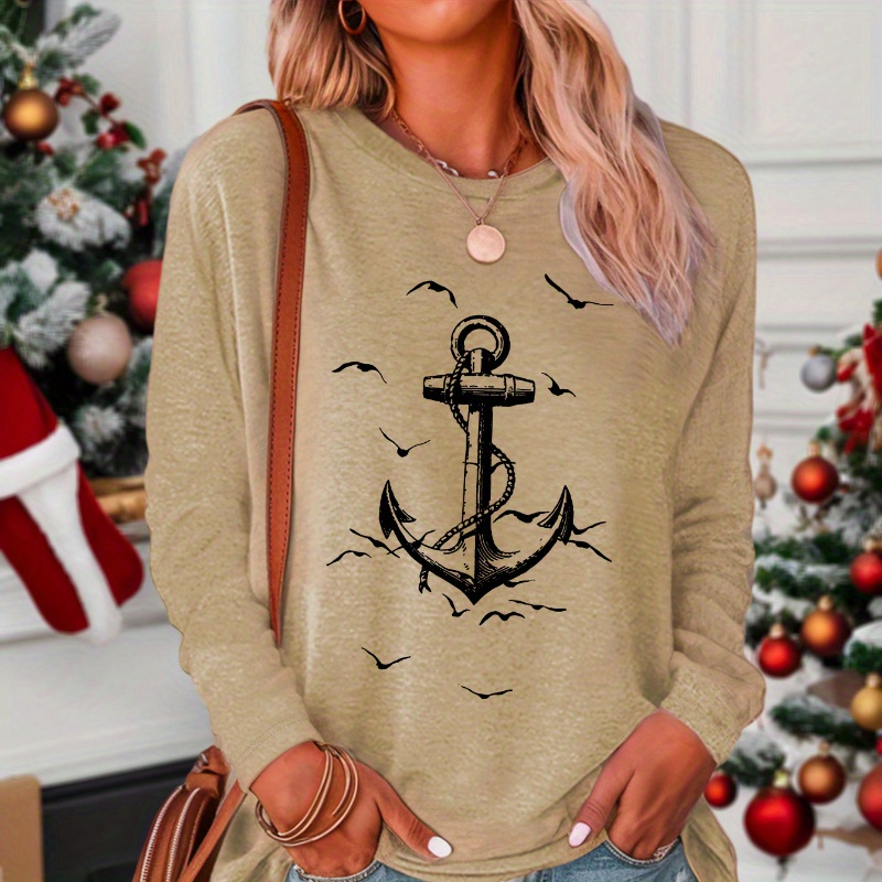 

Women's Teal Anchor Print Long Sleeve T-shirt - Crew Neck, Casual Knit Top With Accents, Machine Washable, Fall/winter, Ladies T Shirts