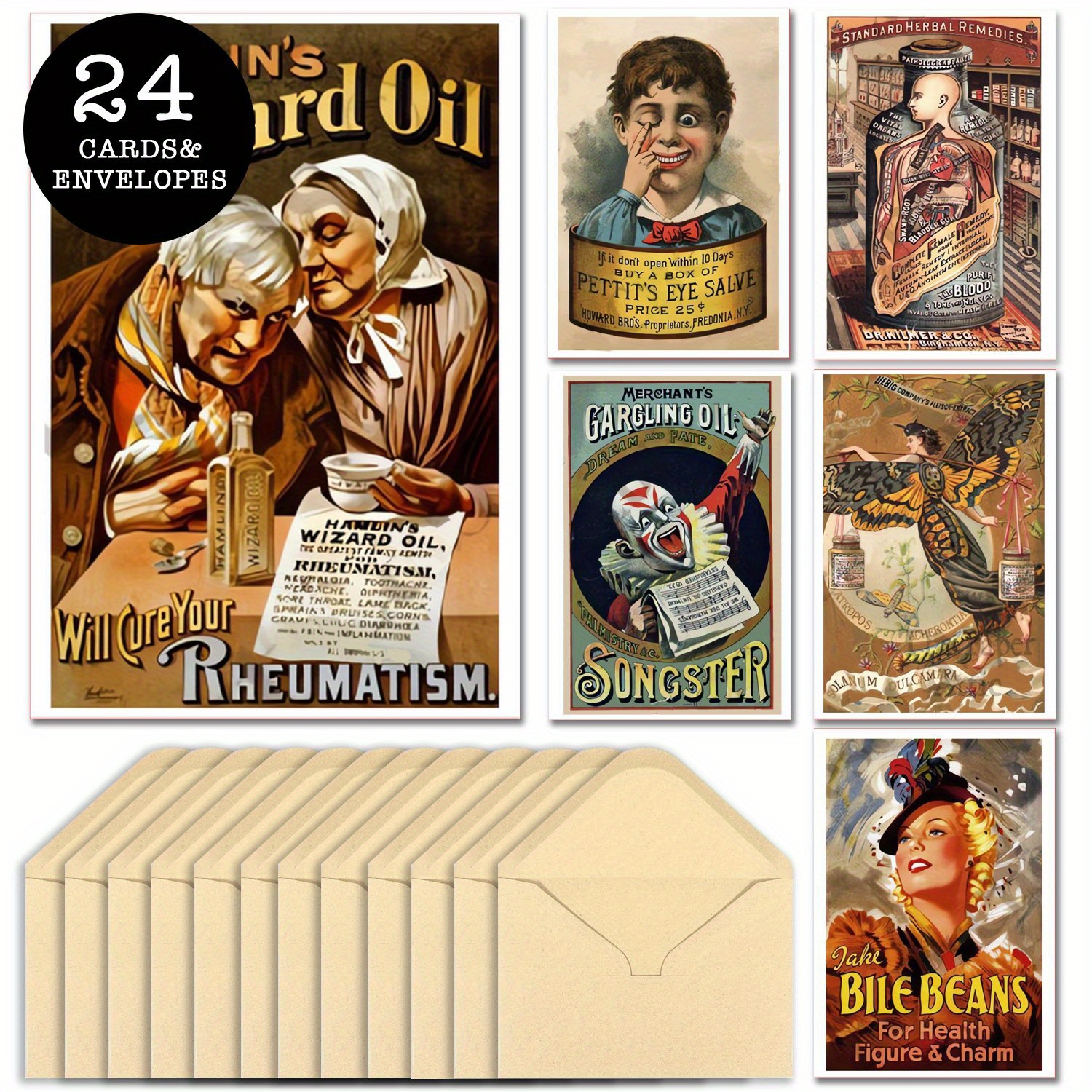 

24-pack Vintage-style Blank Greeting Card Set With Envelopes - Assorted Retro-themed Humor, Horror, And Novelty Cards For All - Paper Material, No Feathers - Birthday, Halloween, Christmas, And More