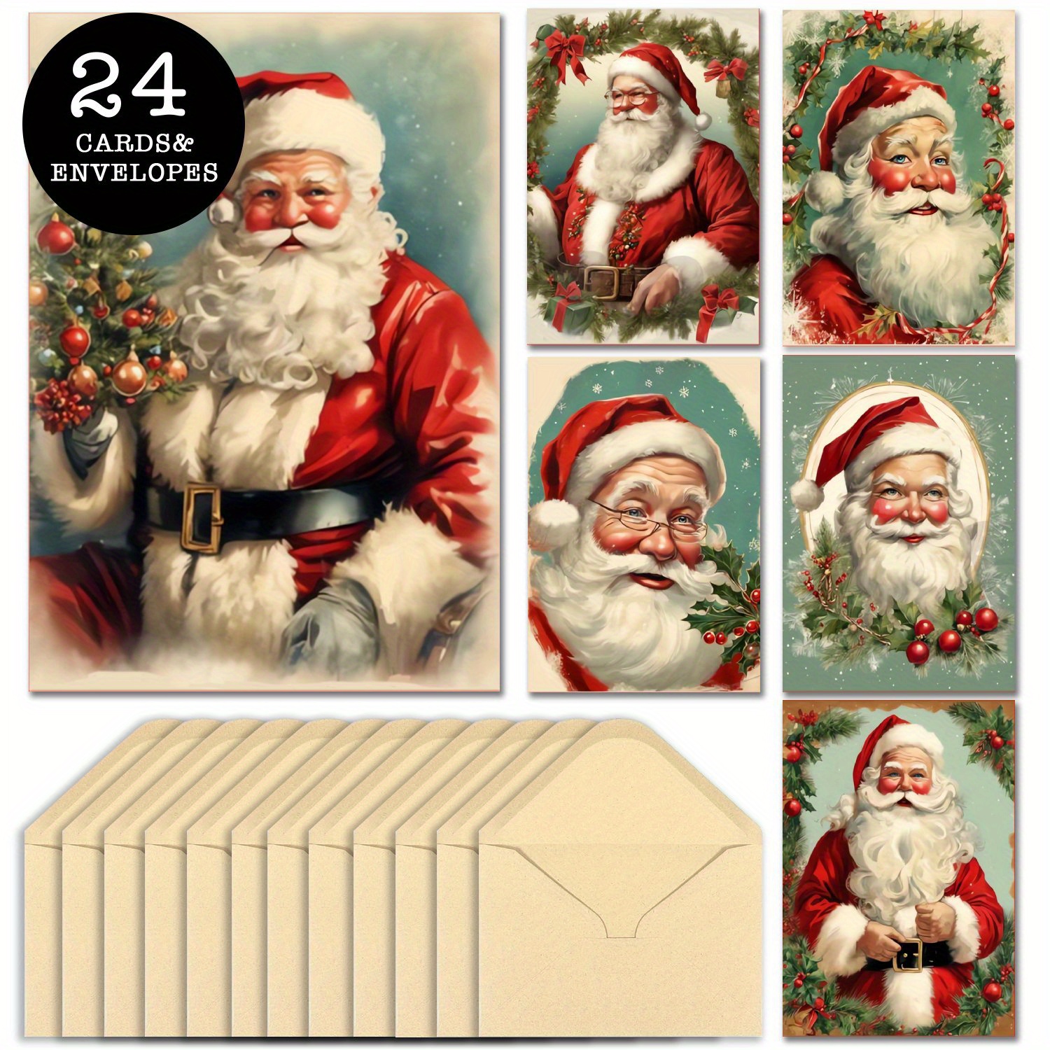 

24-pack Retro Santa Claus Set With Envelopes, Festive Holiday Greetings, No Feathers, Paper Material, Assorted For Christmas, Birthday, , Thanksgiving Wishes