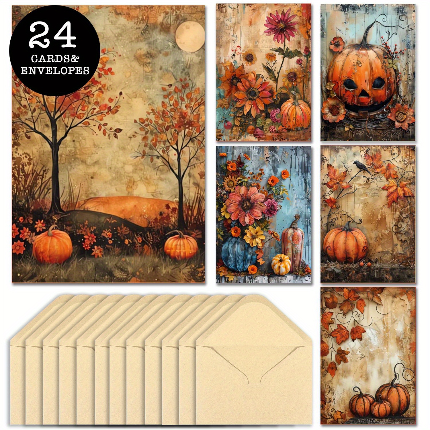 

24-pack Autumn Pumpkin Greeting Set With Envelopes, Thanksgiving, , Birthday Sympathy Notes, Paper Material