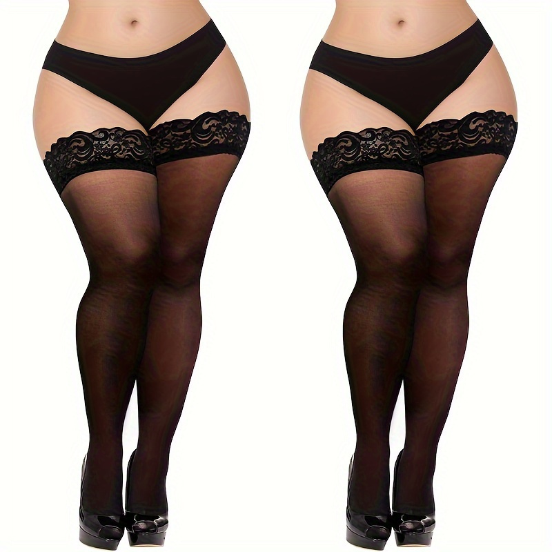 1 Pair Women's Plus Size Sexy Thigh-High Socks - Black Lace Top with See-Through Mesh, Breathable & Comfortable Over-the-Knee Stockings for Fashion & Special Occasions, Lace Socks