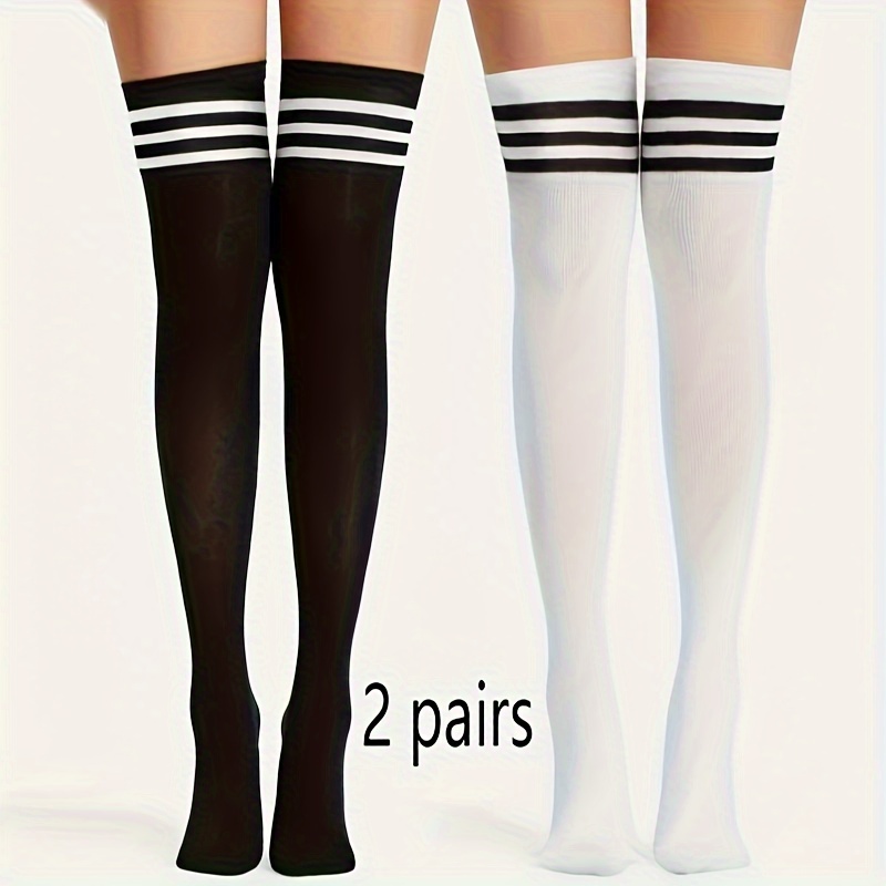 

Striped Print Thigh High Stockings, College Style Over The Knee Socks, Women's Stockings & Hosiery