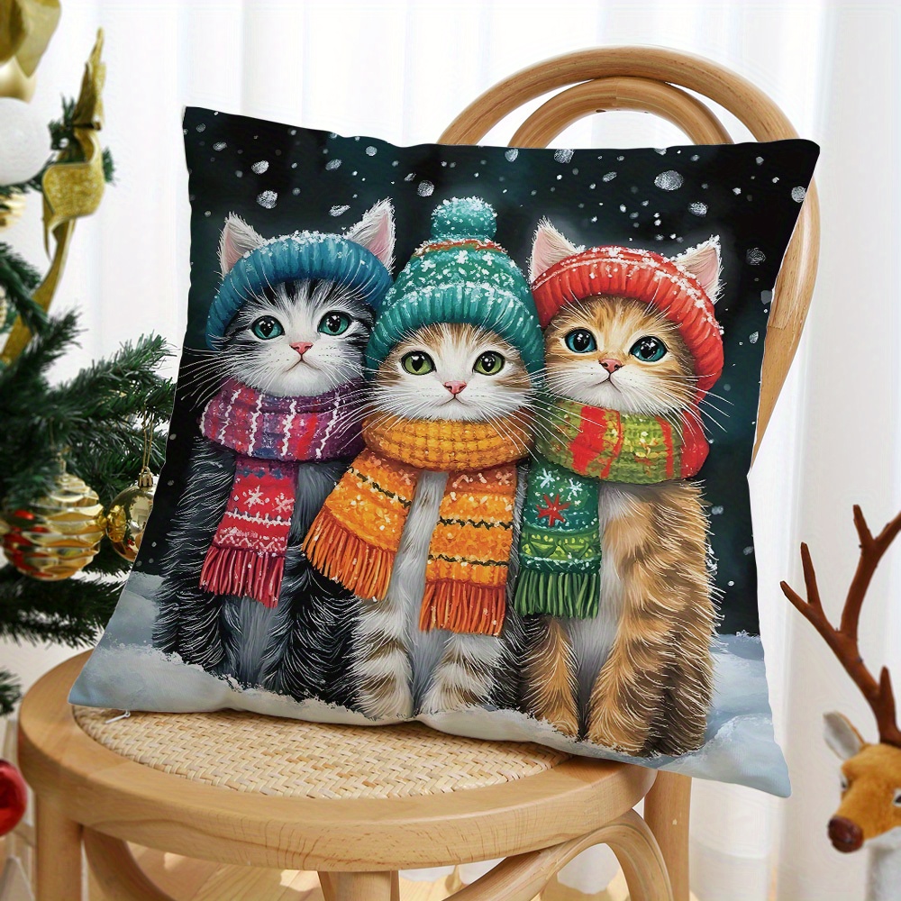 

Merry Christmas Cute Scarf Kitten & Throw Pillow Cover - Soft Short Plush, Hidden Zipper Design, Sofa, Bed, Car, And Living Room Decor (pillow Insert Not Included)