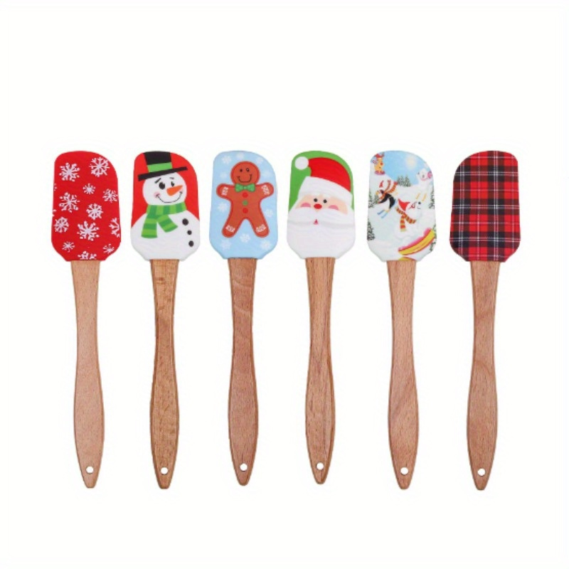 TEMU Festive Christmas Silicone Spatula Set With Wooden Handles - Ideal For Baking, Cooking, And Cake Decoration