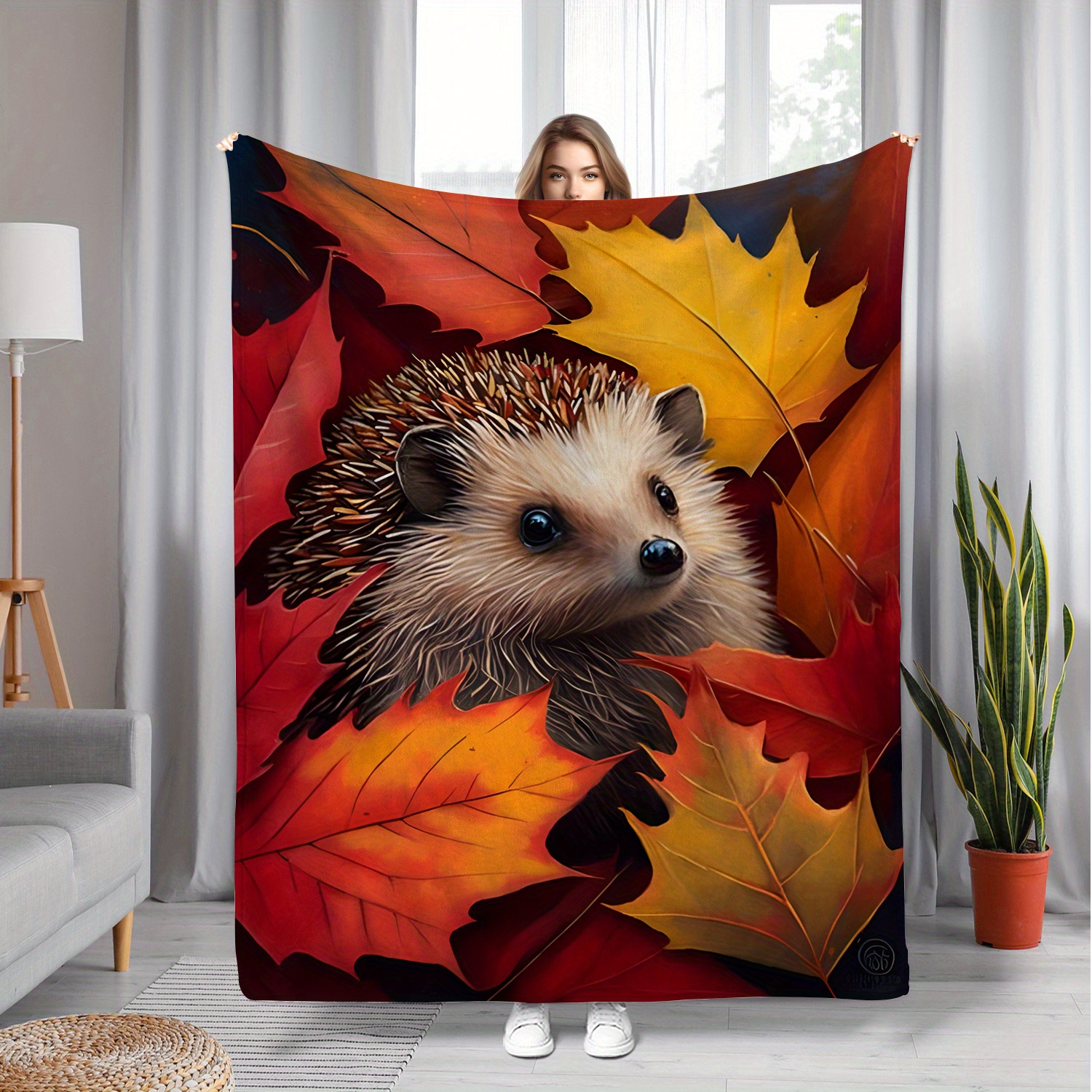 TEMU A Cozy And Warm Autumn Decoration Featuring A Hedgehog And Flannel Blanket, Made Of Soft Polyester With Digital Printing, Suitable For , Machine