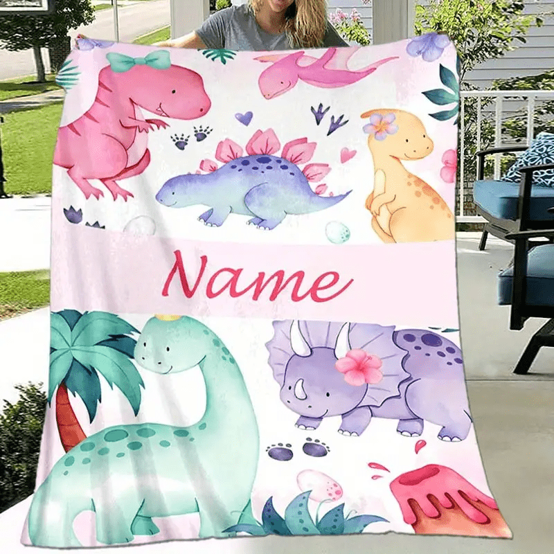 

Customizable Name Cartoon Dinosaur Pattern Fluffy Throw Blanket, High-quality Thick Warm , Plush Flannel Multipurpose Blanket For Home, Office, Bed, Sofa - Personalized Gift For