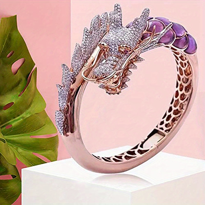 

1pc Exquisite Dragon Animal Geometric Skeleton Setting Rhinestone Ethnic Style Copper Rose Golden Ring Woman Party Daily Gift Size