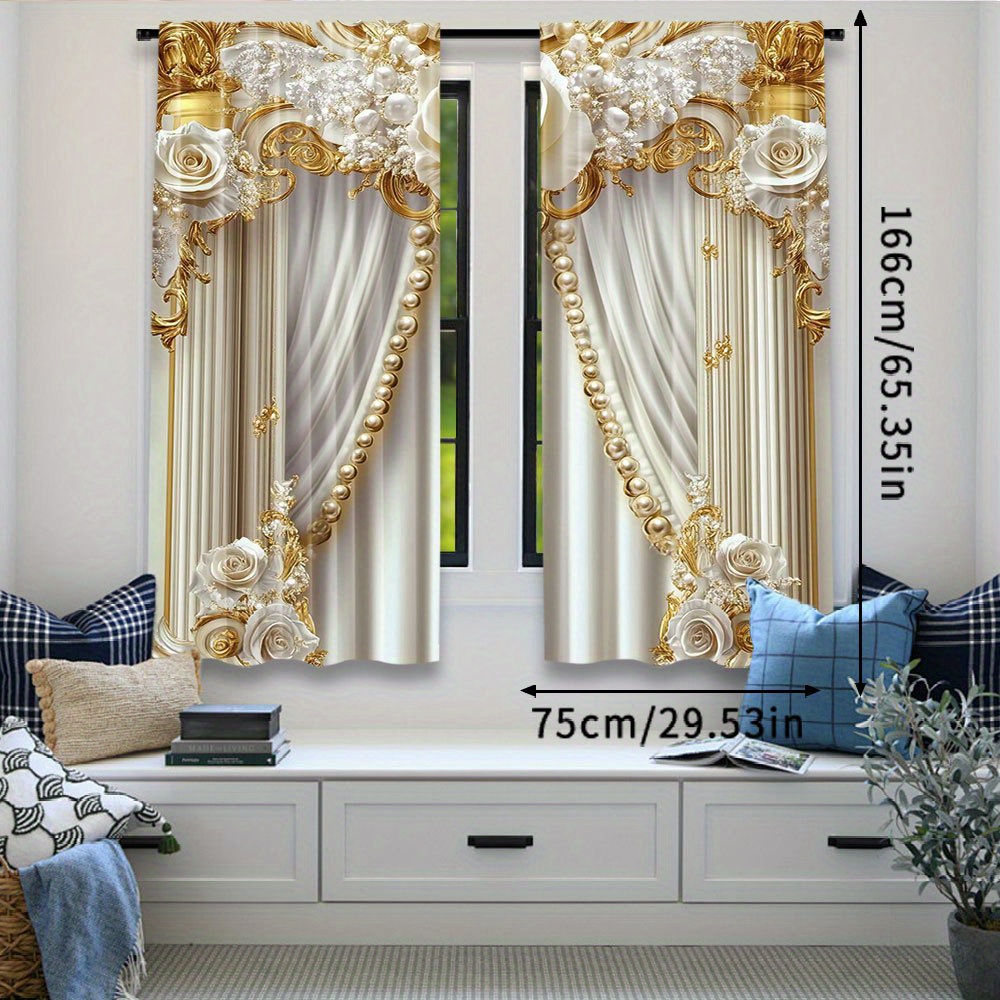 TEMU Elegant White And Golden Floral Drapes, Polyester Woven Blackout Window Panels For Various Room Types, Rod , Machine Washable - 2 Pieces, Multiple Sizes Available