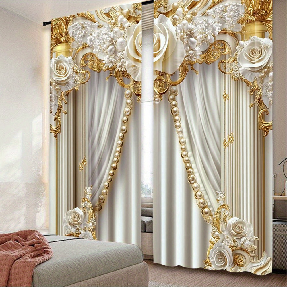 

Elegant White And Golden Floral Drapes, Polyester Woven Blackout Window Panels For Various Room Types, Rod , Machine Washable - 2 Pieces, Multiple Sizes Available