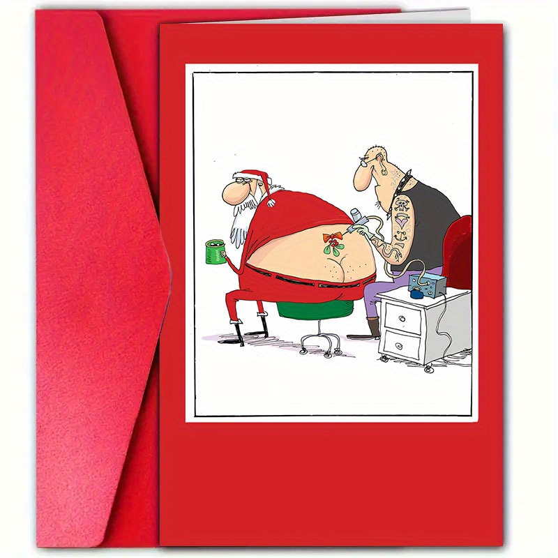 

1pc, Humorous Christmas Card With Envelope (12cm*18cm), Funny Santa Tattoo Artist Scene, Rude Christmas Greeting For Family, Friends, Bestie, Brother, Companion, Paper,