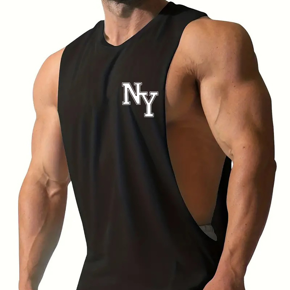 

Men's Muscle Fit Tank Tops Ny Graphic - Knit Fabric Polyester & Spandex Blend, Sleeveless Breathable Athletic Tanks For Summer, Crew Neck & Slight Stretch Workout Shirts