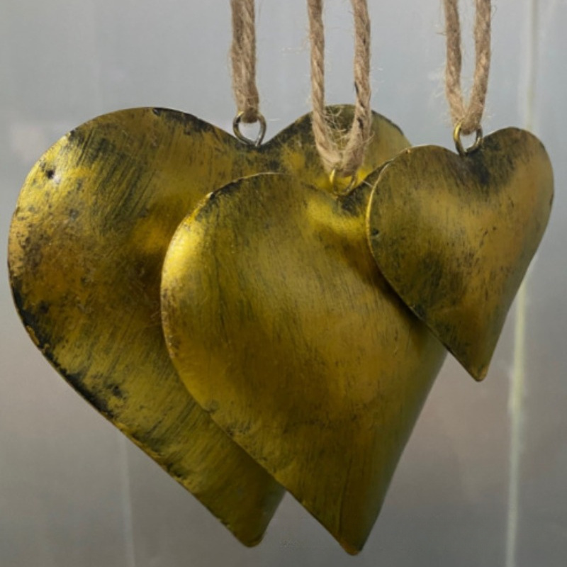 3pcs 3d Metal Heart-shaped Decorative Bells With Hanging Rope, Distressed Brass Metal Bells