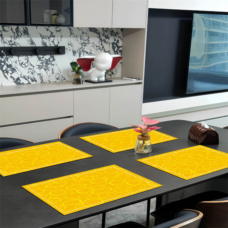 

2pcs/4pcs/6pcs Linen Placemats Set, Abstract Yellow Geometric Pattern, Hand Washable, Heat Resistant, Table Mats For Kitchen Decor, Rectangular Woven Linen Mats For Dining & Home Decoration