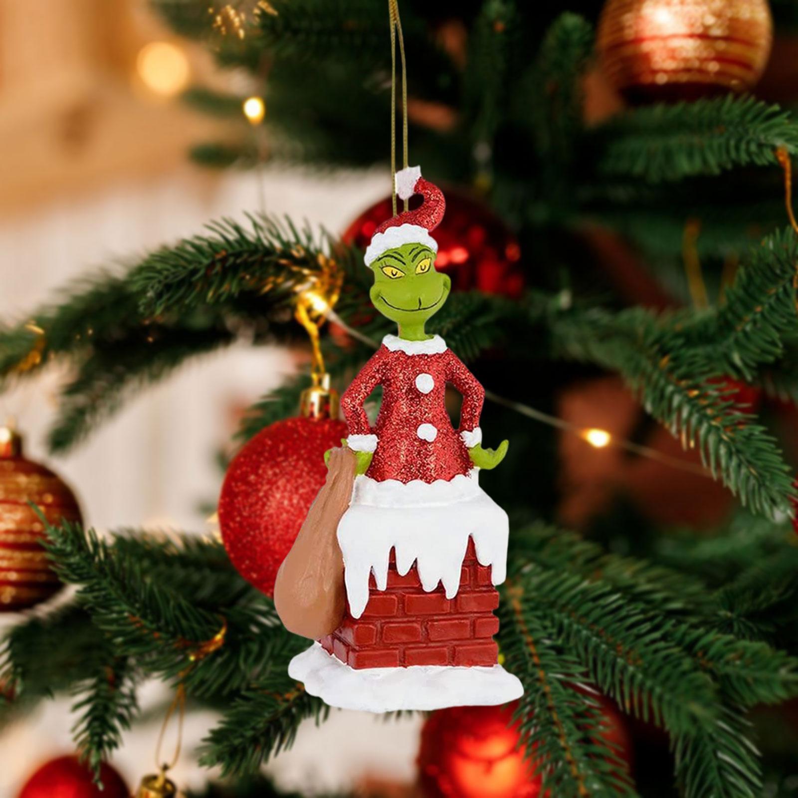 

Christmas Tree Hanging Ornament - Sparkling Red Santa Outfit Green Character With Chimney Figurine, Synthetic Material, Universal Holiday Decor, Car & Backpack Accessory, Home Decoration