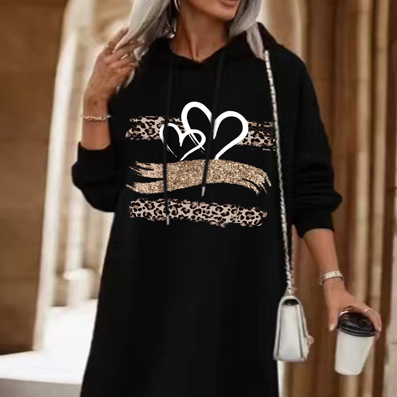 

Plus Size Hooded Sweatshirt Dress Fall/winter - Knit Black Fashion Midi With Heart Pattern, Polyester Blend With Slight Stretch