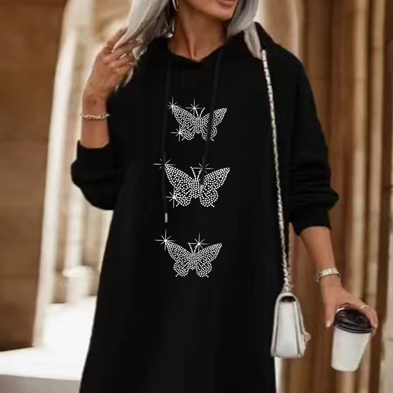 

Women's Plus-size Hoodie Dress With Butterfly Print, Black, Polyester, Knit Fabric, Casual Sweatshirt Style, Autumn/winter Collection