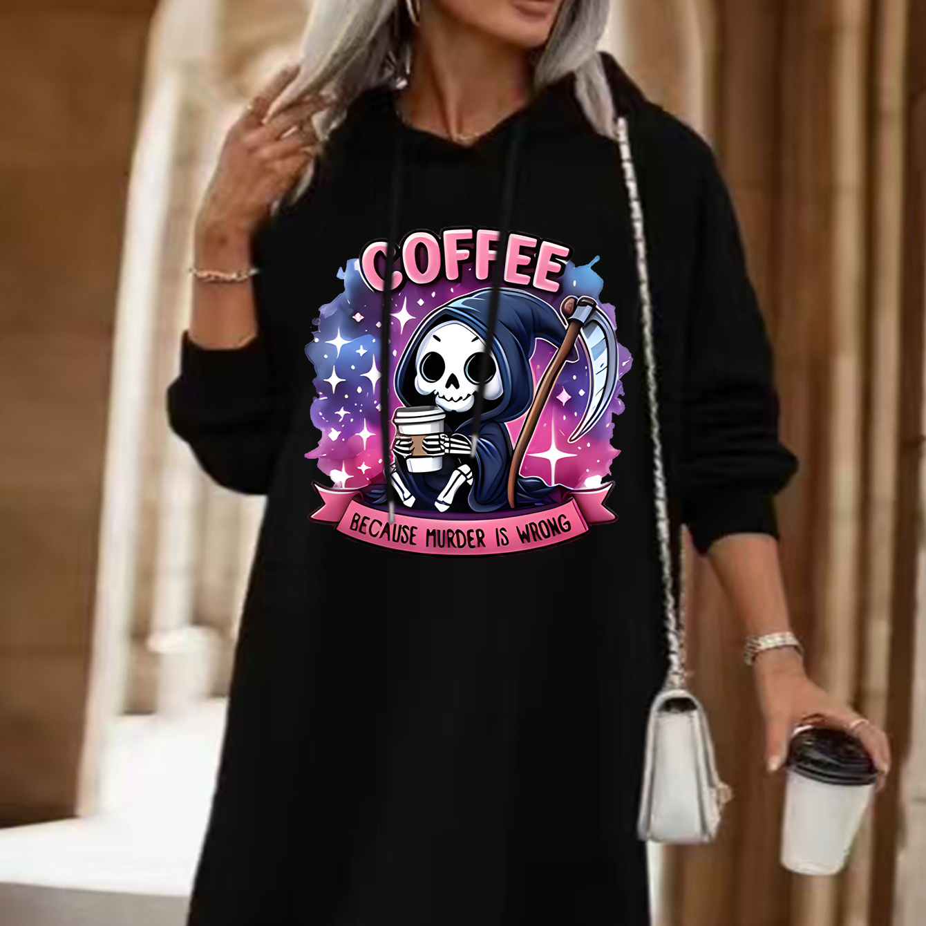 

Plus Size Casual Hooded Sweatshirt Dress With Graphic Print - Knit Polyester Blend (95% Polyester, 5% Spandex) - Stretchy Fabric - Long Sleeve Pullover - Fall/winter Black Fashion Hoodie Dress